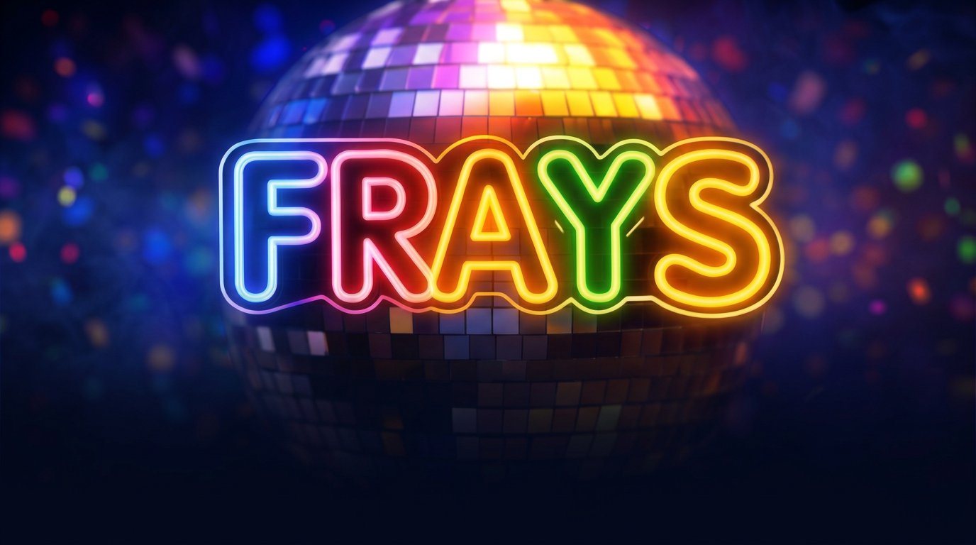 Logo néon FRAYS sur une boule à facettes — association de cours de guitare, basse et batterie à Pollestres près de Perpignan