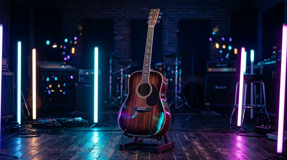 Cours de guitare acoustique à Pollestres près de Perpignan — guitare folk éclairée par des néons