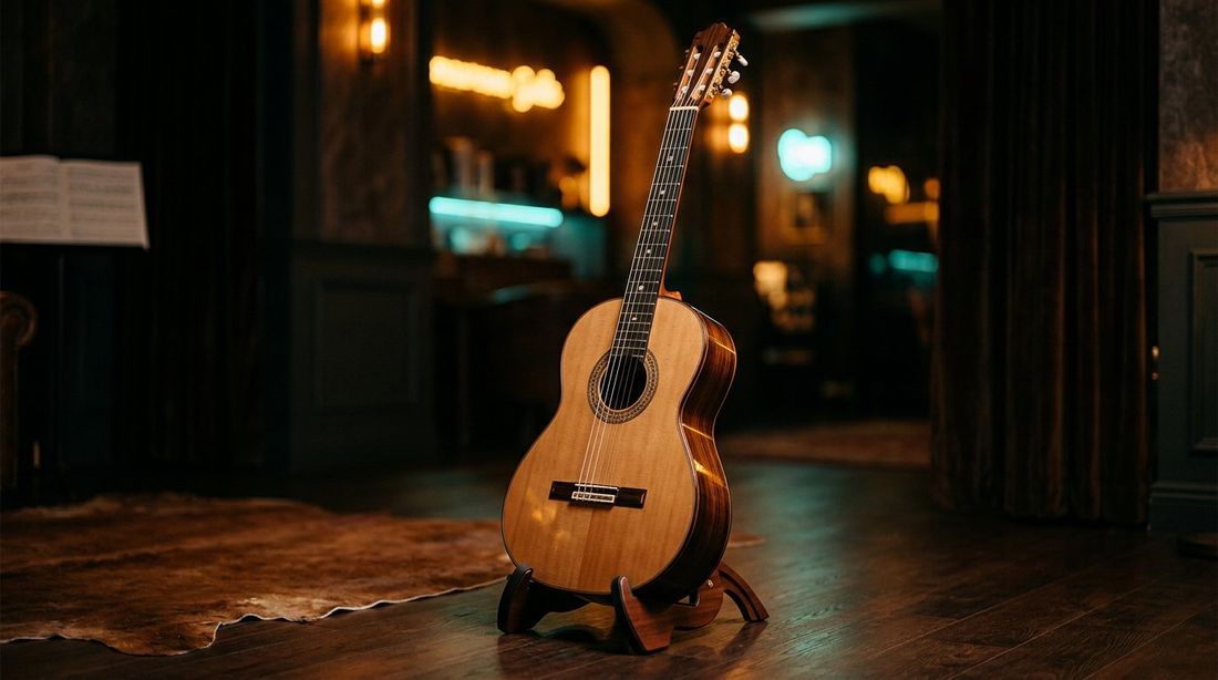 Cours de guitare classique dans les Pyrénées-Orientales — guitare nylon dans une pièce chaleureuse