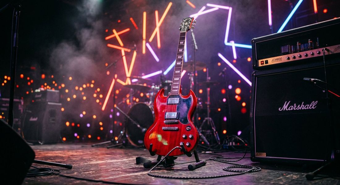 Cours de guitare électrique près de Perpignan — guitare rouge sur scène devant un ampli